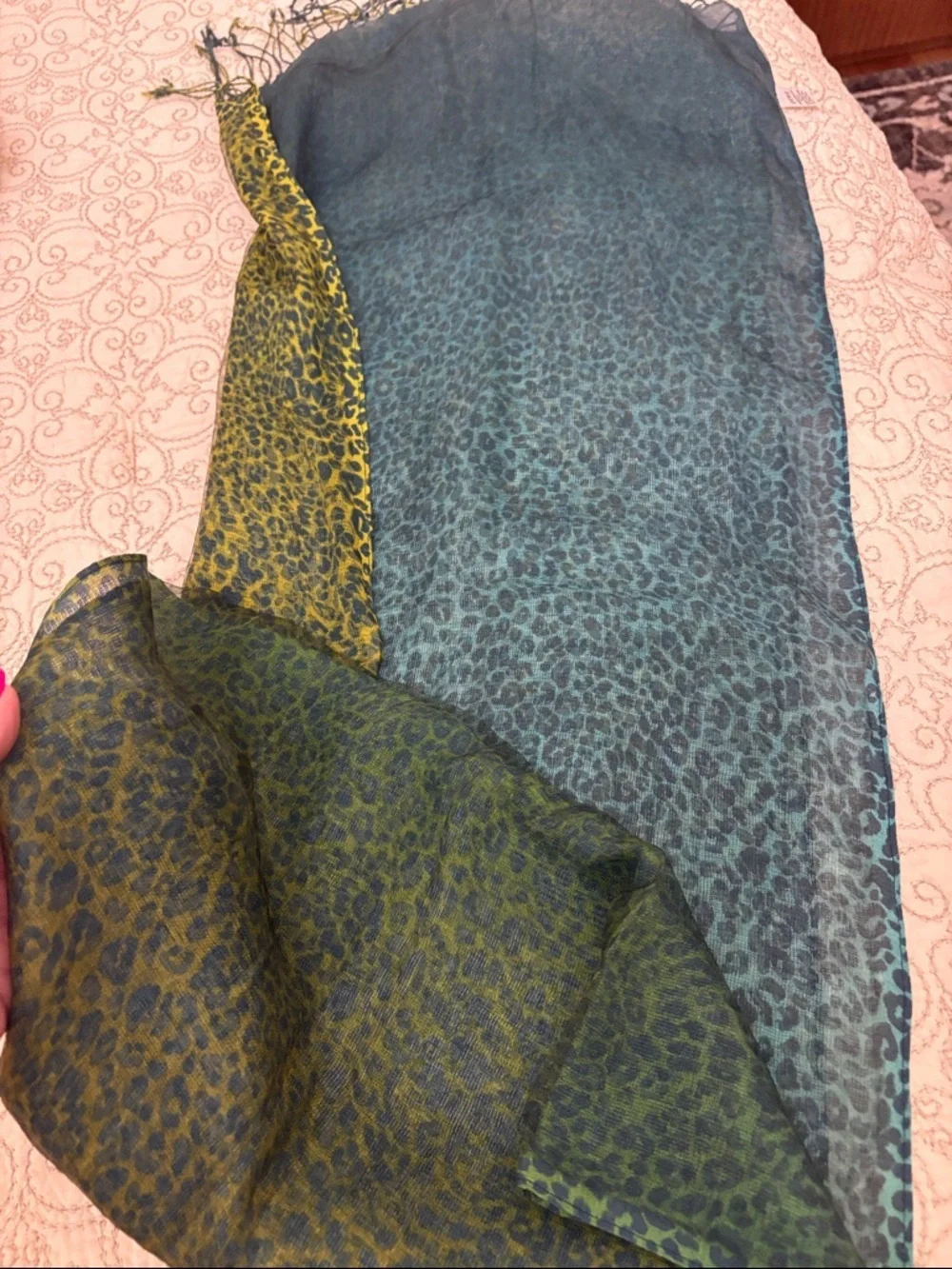 Coldwater Creek leopard Teal ombre to lime yellow Fringe Scarf SILK overlay